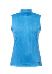 Blue sleeveless riding shirt with quarter zip shown front view on a white background