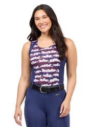 Front view of a female model wearing the purple Kerrits EquiBreeze Ice Fil Tank on a white background