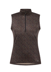 Brown sleeveless riding shirt with quarter zip shown front view on a white background