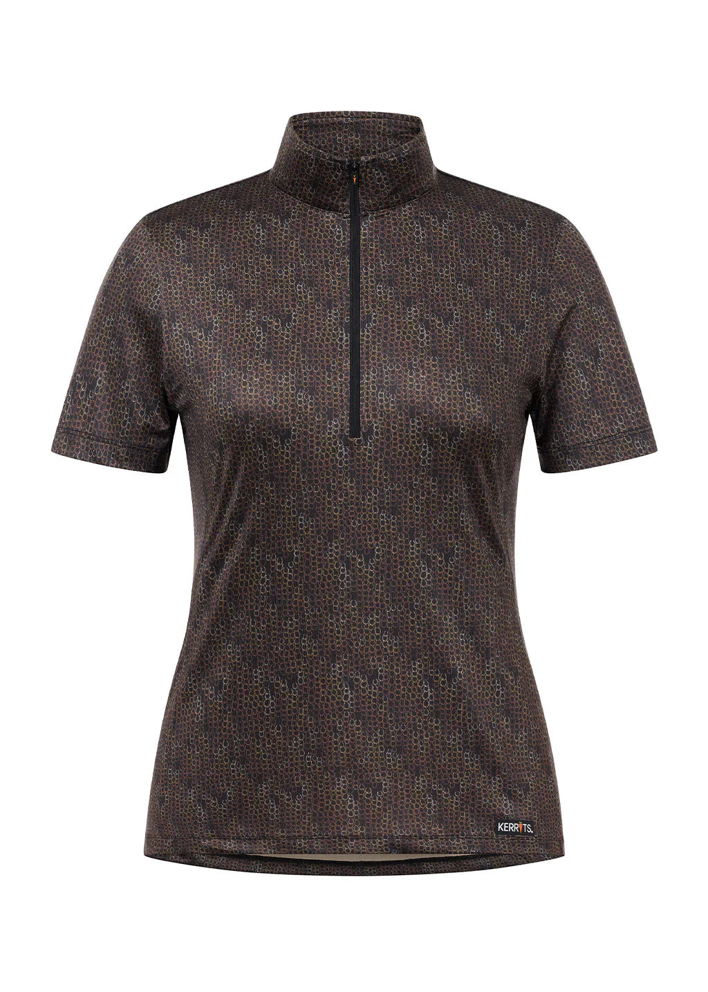 Brown short sleeve riding shirt with quarter zip shown front view on a white background