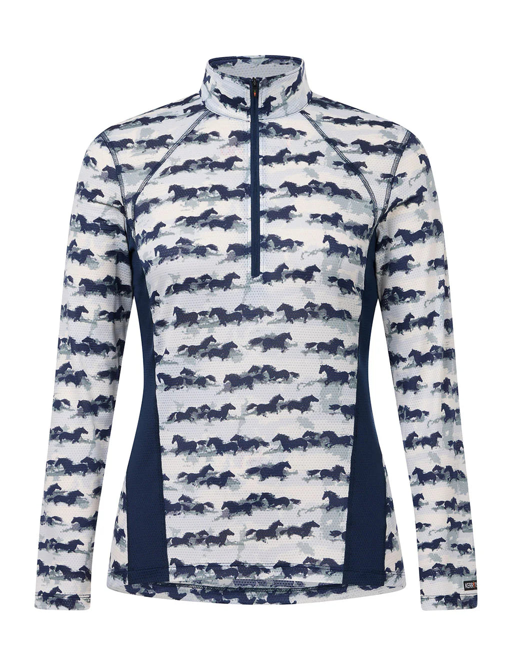 Long sleeve riding shirt with horse print and quarter zip shown front view on a white background