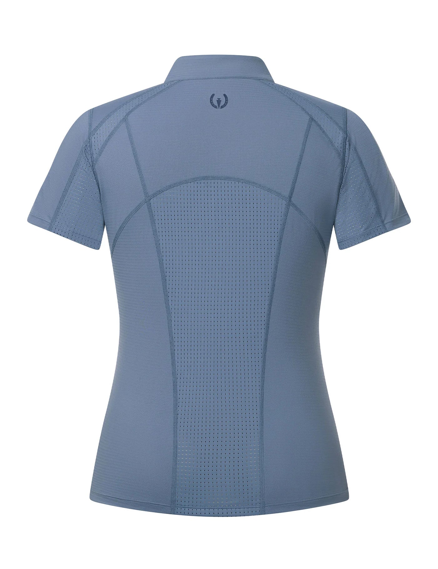 Blue short sleeve riding top shown rear view on a white background