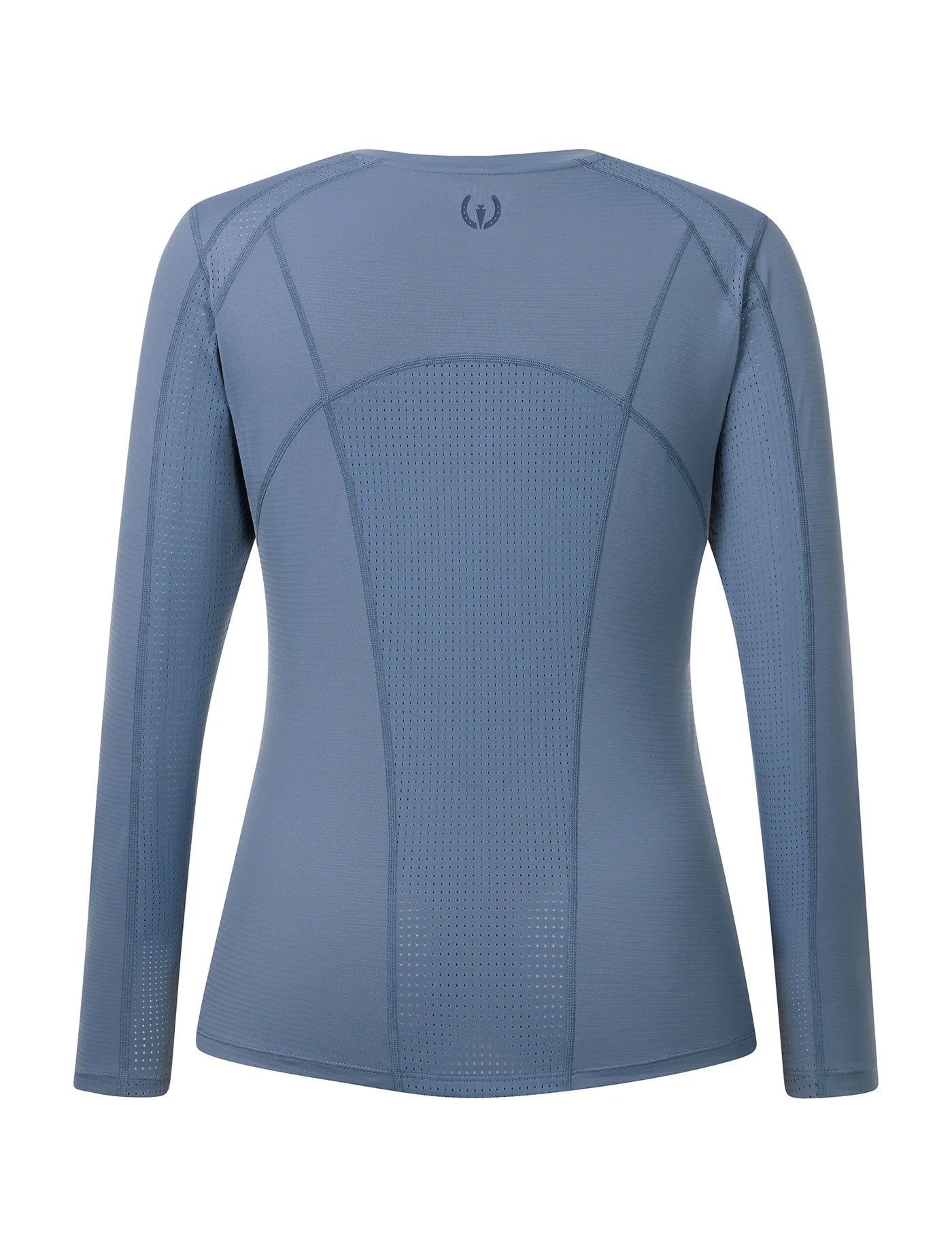 Blue long sleeve riding top shown rear view on a white background