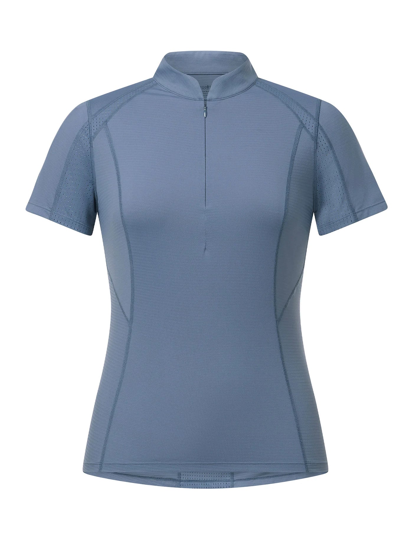 Blue short sleeve quarter zip riding top shown front view on a white background
