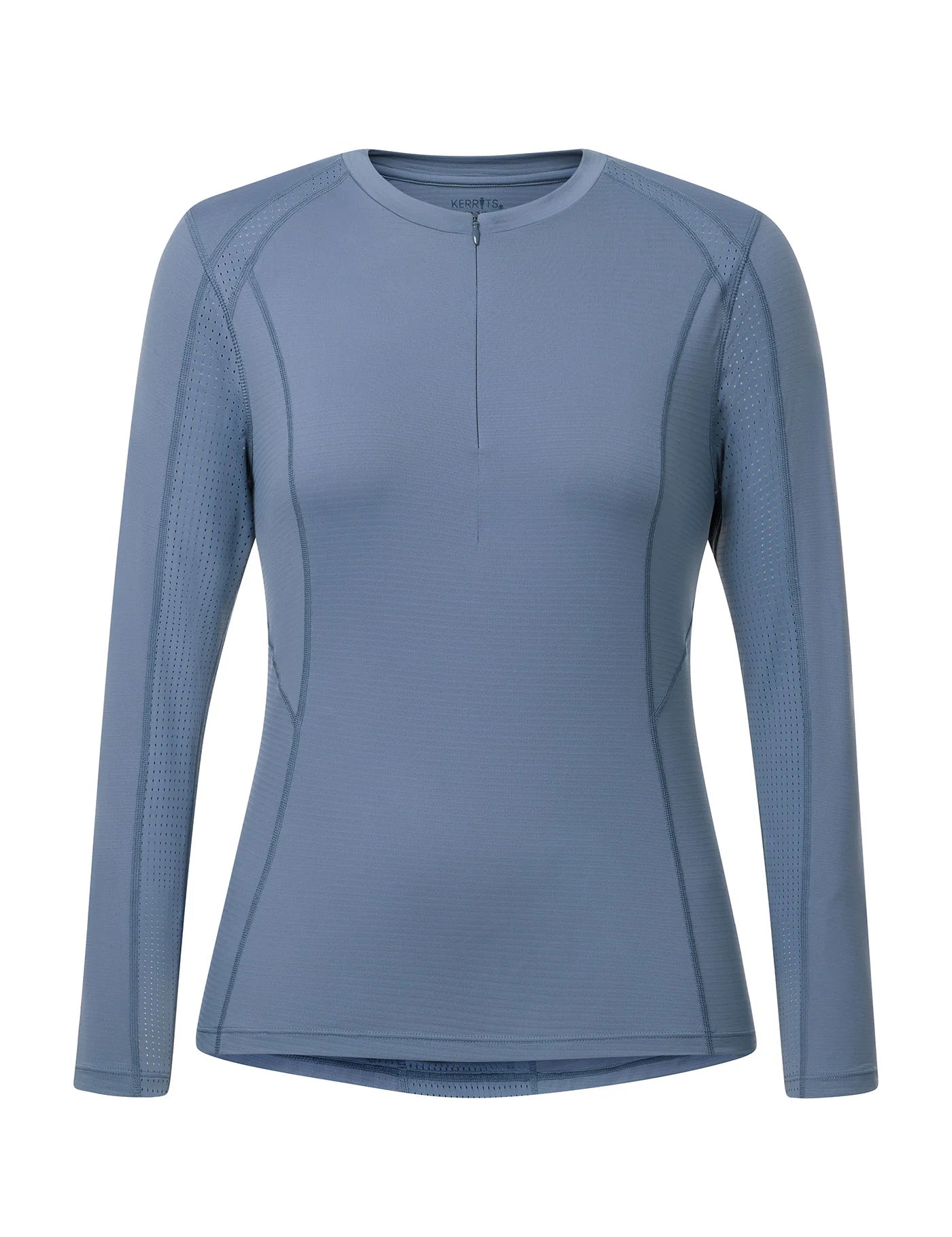 Blue long sleeve crew neck riding top shown front view on a white background
