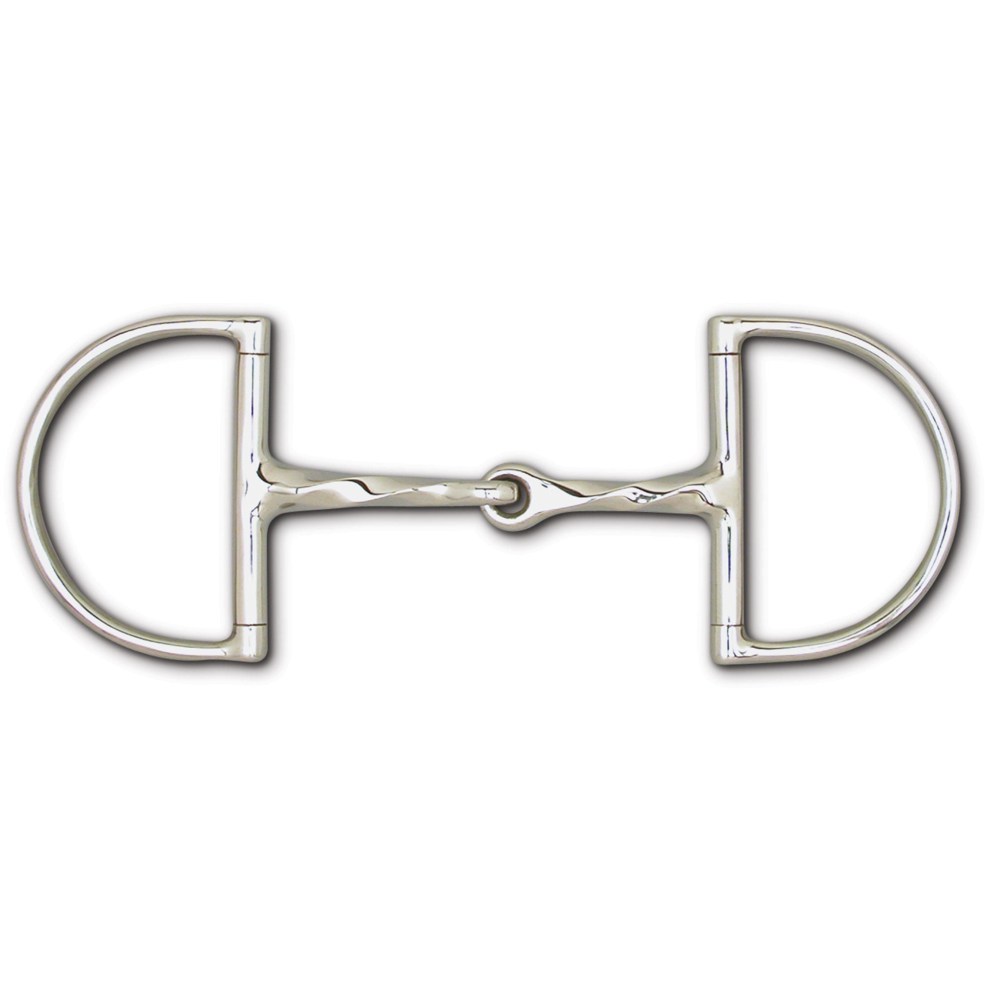 Silver metal bit with single joint and dee rings shown on a plain white background
