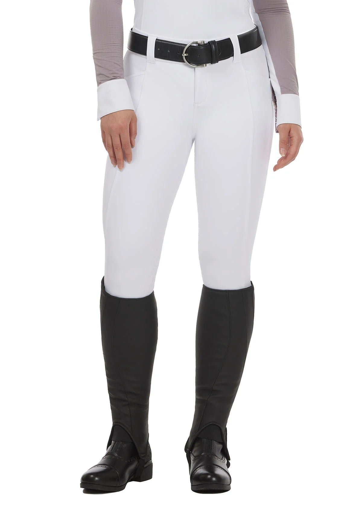 Front view of a model wearing the white Kerrits Affinity Pro Full Seat Breech on a white background