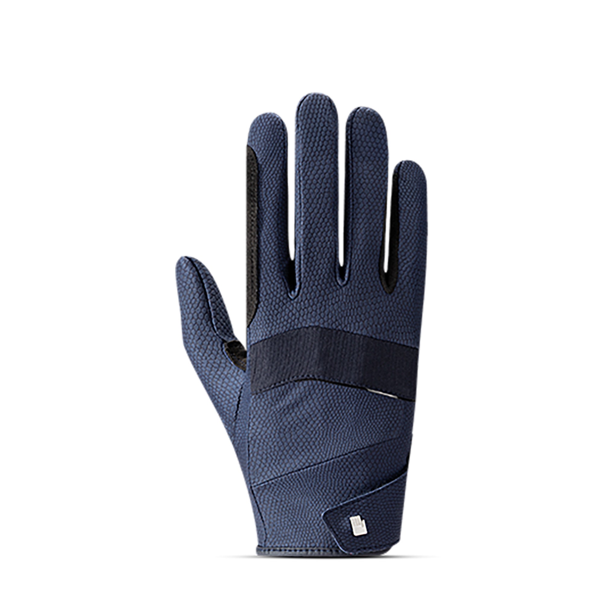 Backhand view of the navy Roeckl Manecaress Riding Gloves on a white background