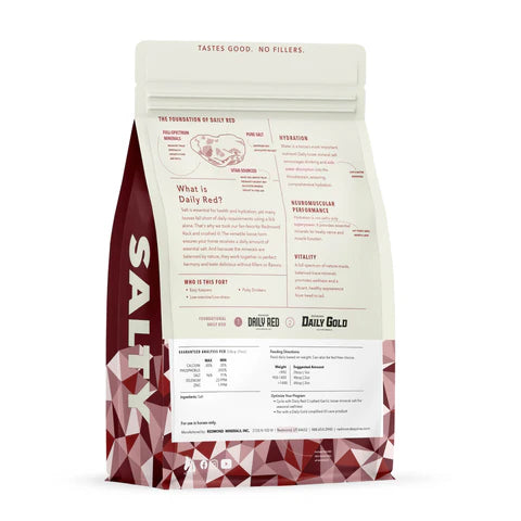 Back view of a 5 lb bag of Redmond Rock Daily Red Crushed Equine Minerals on a white background