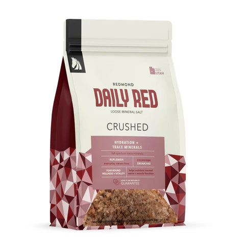 Front view of a 5 lb bag of Redmond Rock Daily Red Crushed Equine Minerals on a white background
