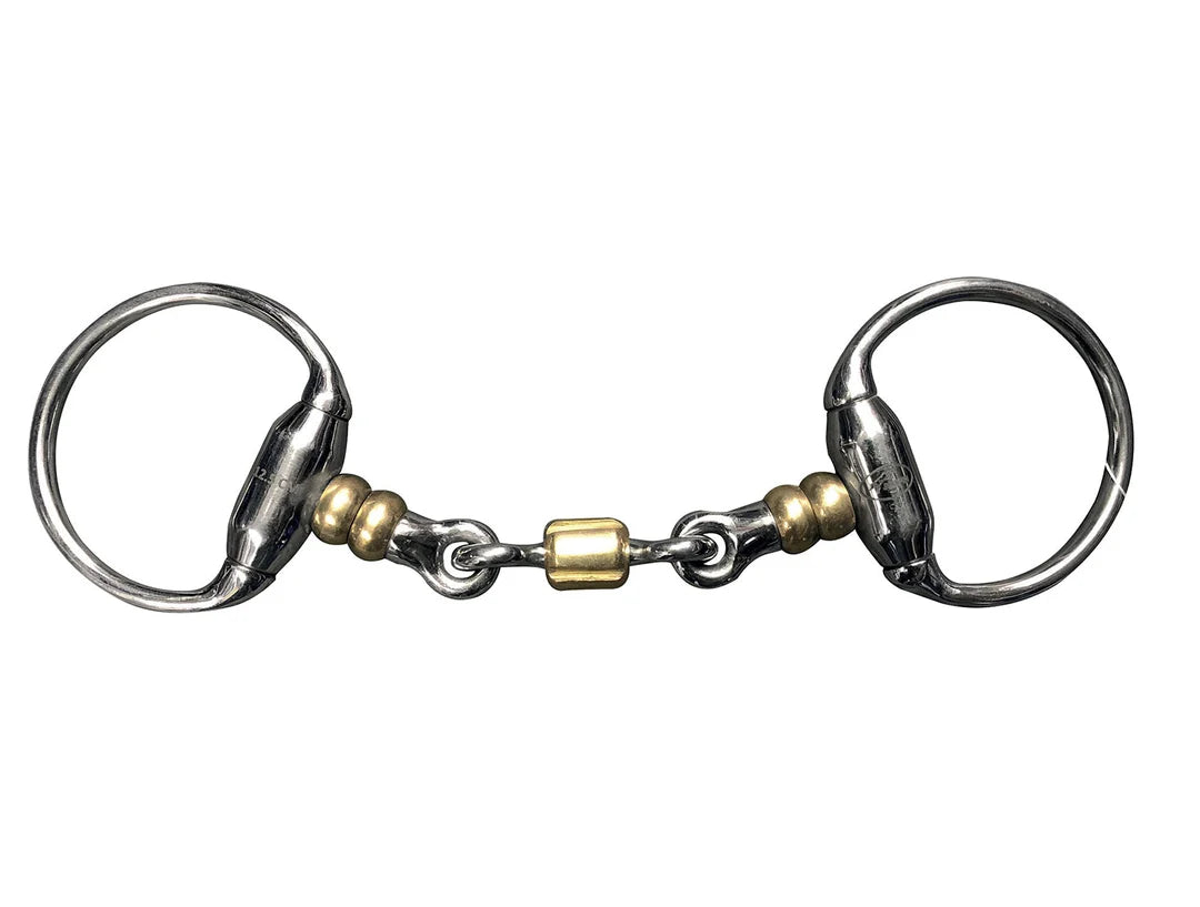 A double-bit horse bit with polished silver-toned metal rings and smooth gold-toned ball accents, isolated on a white background.