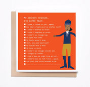 Front view of the Trainer Apology Mare Modern Goods Greeting Card on a white background