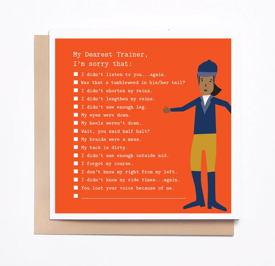 Front view of the Trainer Apology Mare Modern Goods Greeting Card on a white background