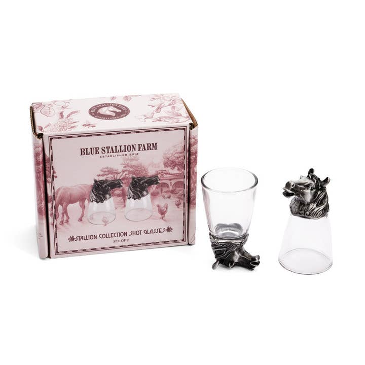 View of the Blue Stallion Farm Set of 2 Stallion Collection Shot Glasses with original packaging on a white background