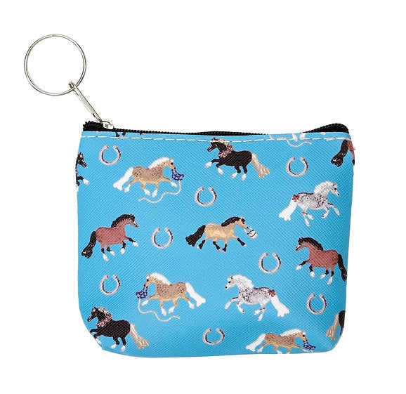 Front view of the Blue AWST Int'l "Lila" Pony Puff Coin Purse on a white background
