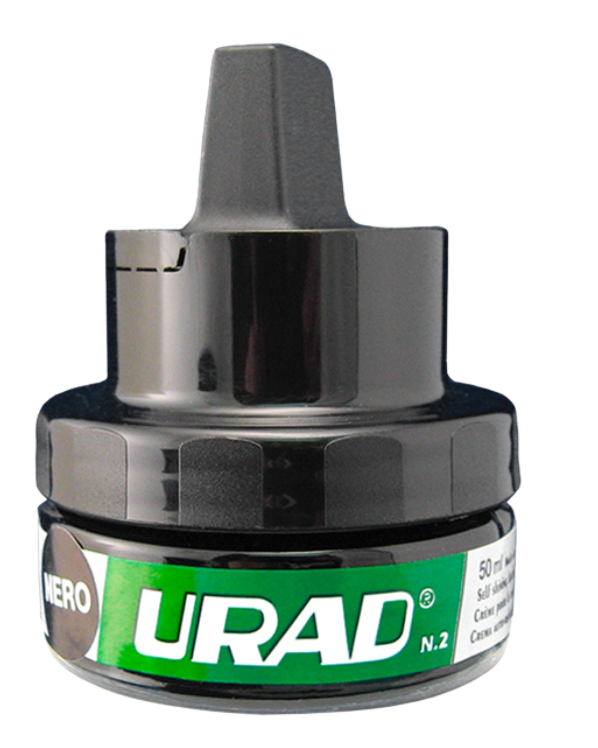 Front view of a 1.75oz container of Urad Total Leather Care Cream in black on a white background