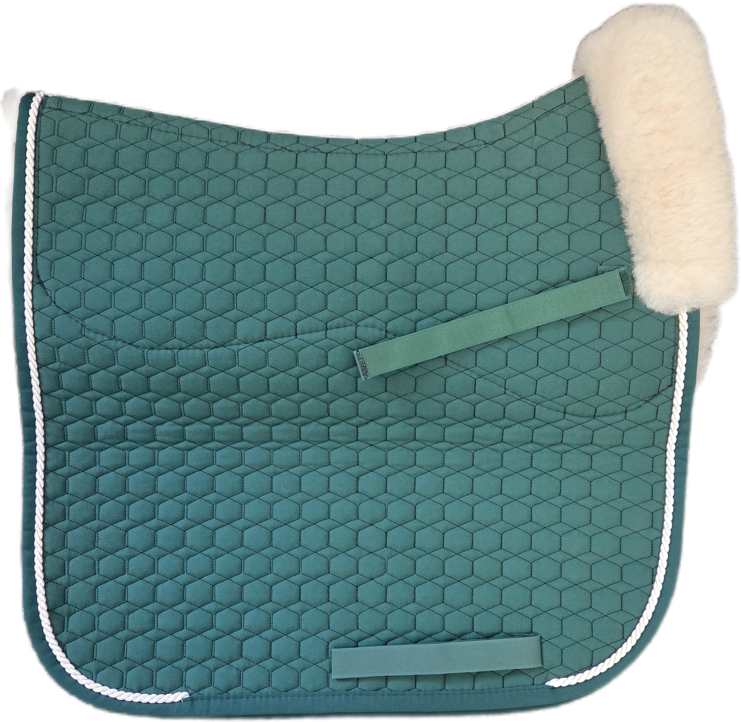 Green quilted dressage pad with cream piping with natural  sheepskin lining