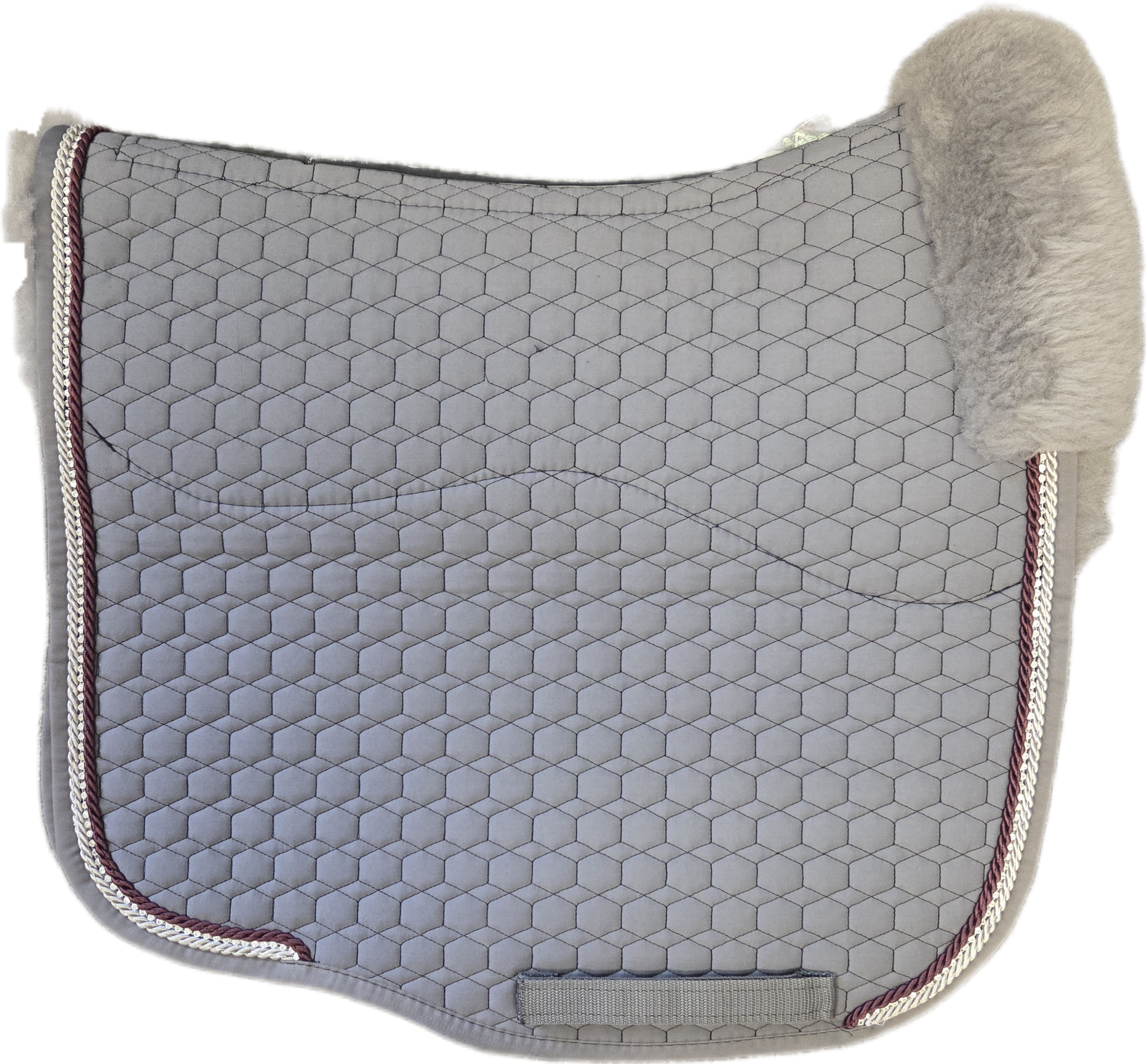 Grey quilted dressage pad with burgundy and cream piping and grey sheepskin ining