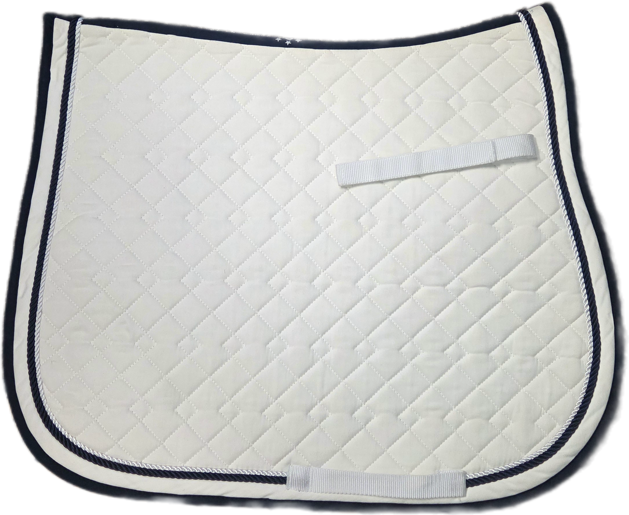 White quilted all purpose saddle pad with navy trim and navy and white piping