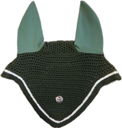 Green crochet horse fly bonnet with white trim and silver center emblem