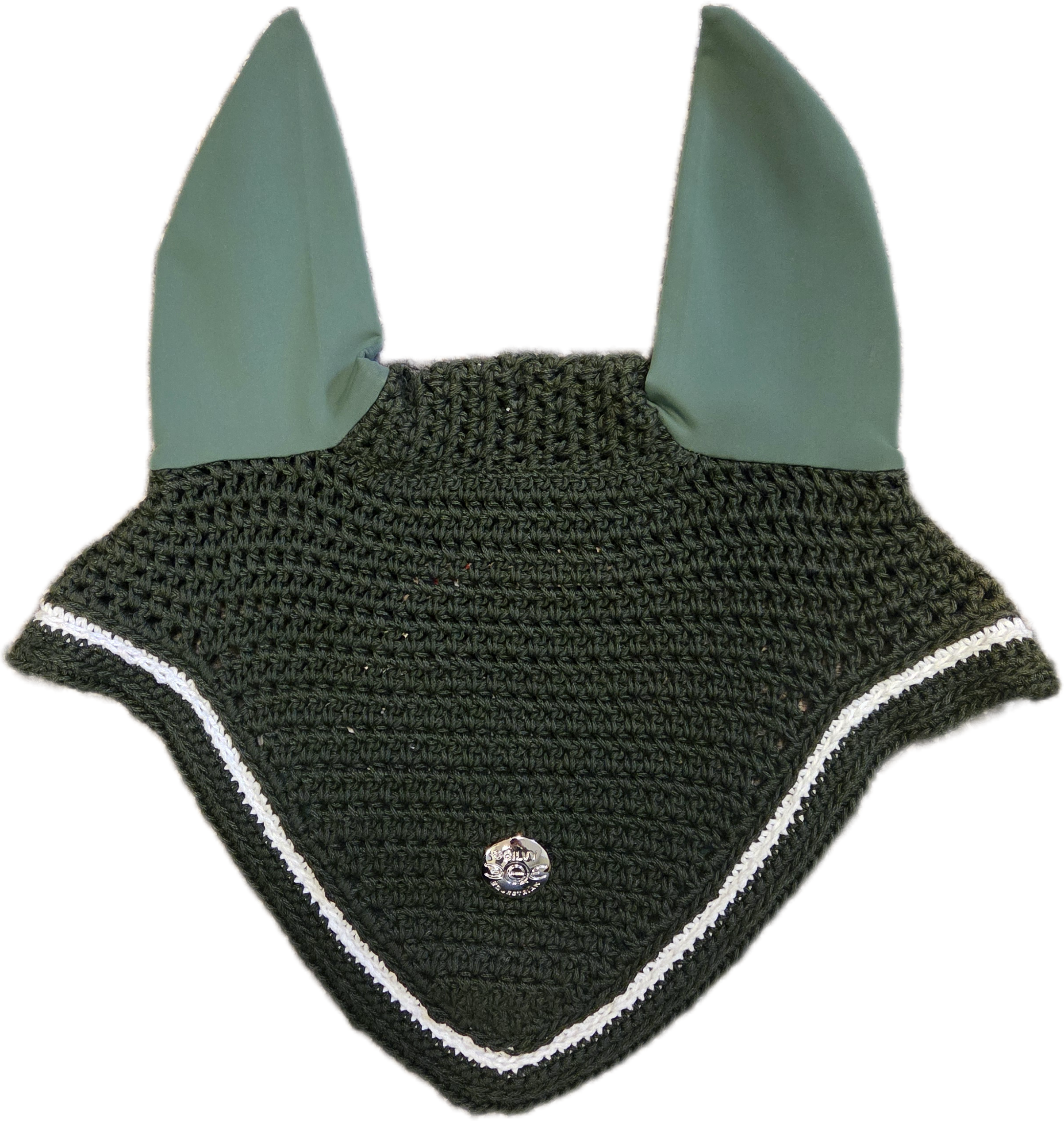 Green crochet horse fly bonnet with white trim and silver center emblem