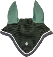 Green crochet horse fly bonnet with white border and grey trim and silver center emblem