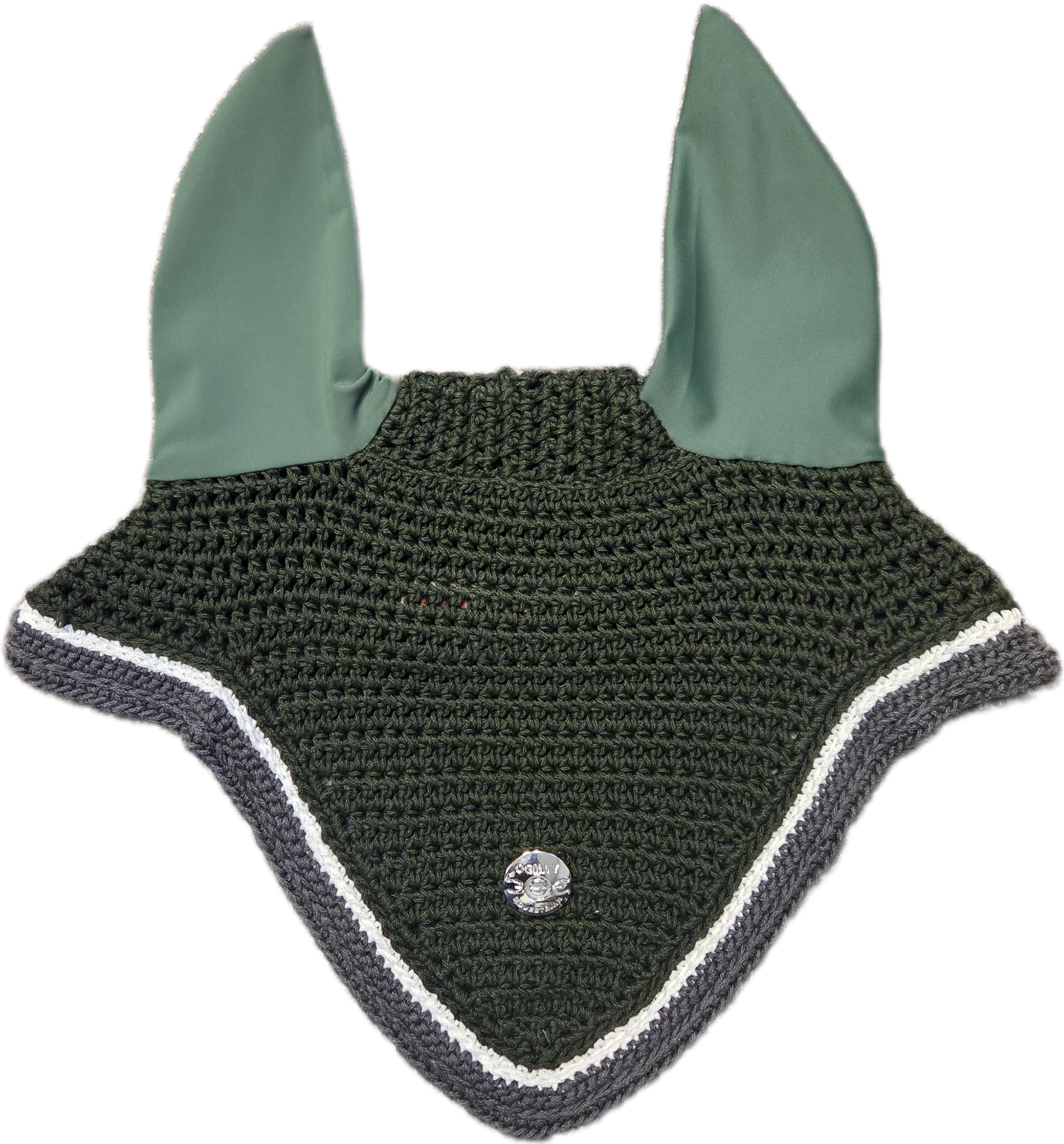 Green crochet horse fly bonnet with white border and grey trim and silver center emblem