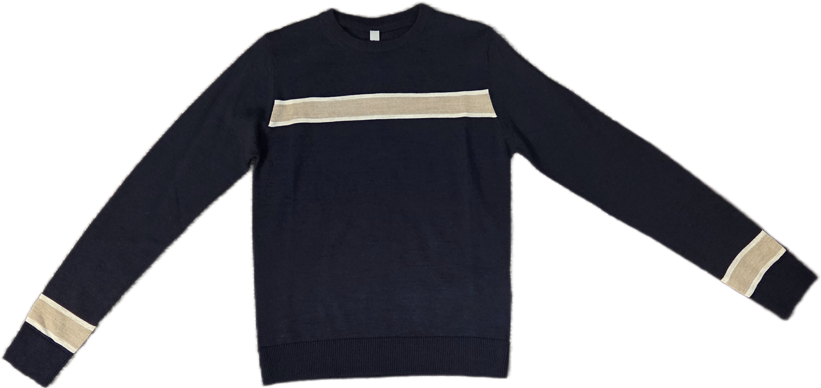 Navy long sleeve crewneck knit sweater with tan stripe down middle and cuffs shown flat