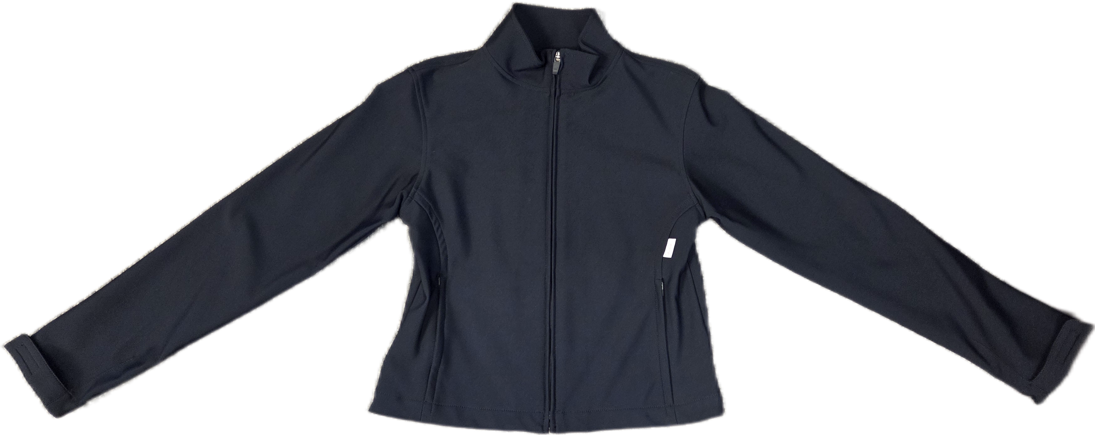 Black softshell full zip jacket shown flat