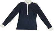 Long sleeve black show shirt with white collar and cuffs shown flat