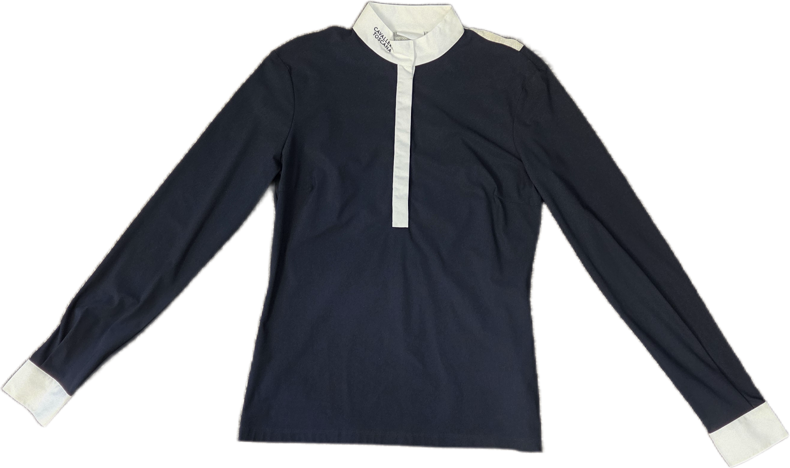 Long sleeve black show shirt with white collar and cuffs shown flat