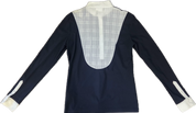Long sleeve black show shirt with white collar and cuffs and white lace back panel shown flat