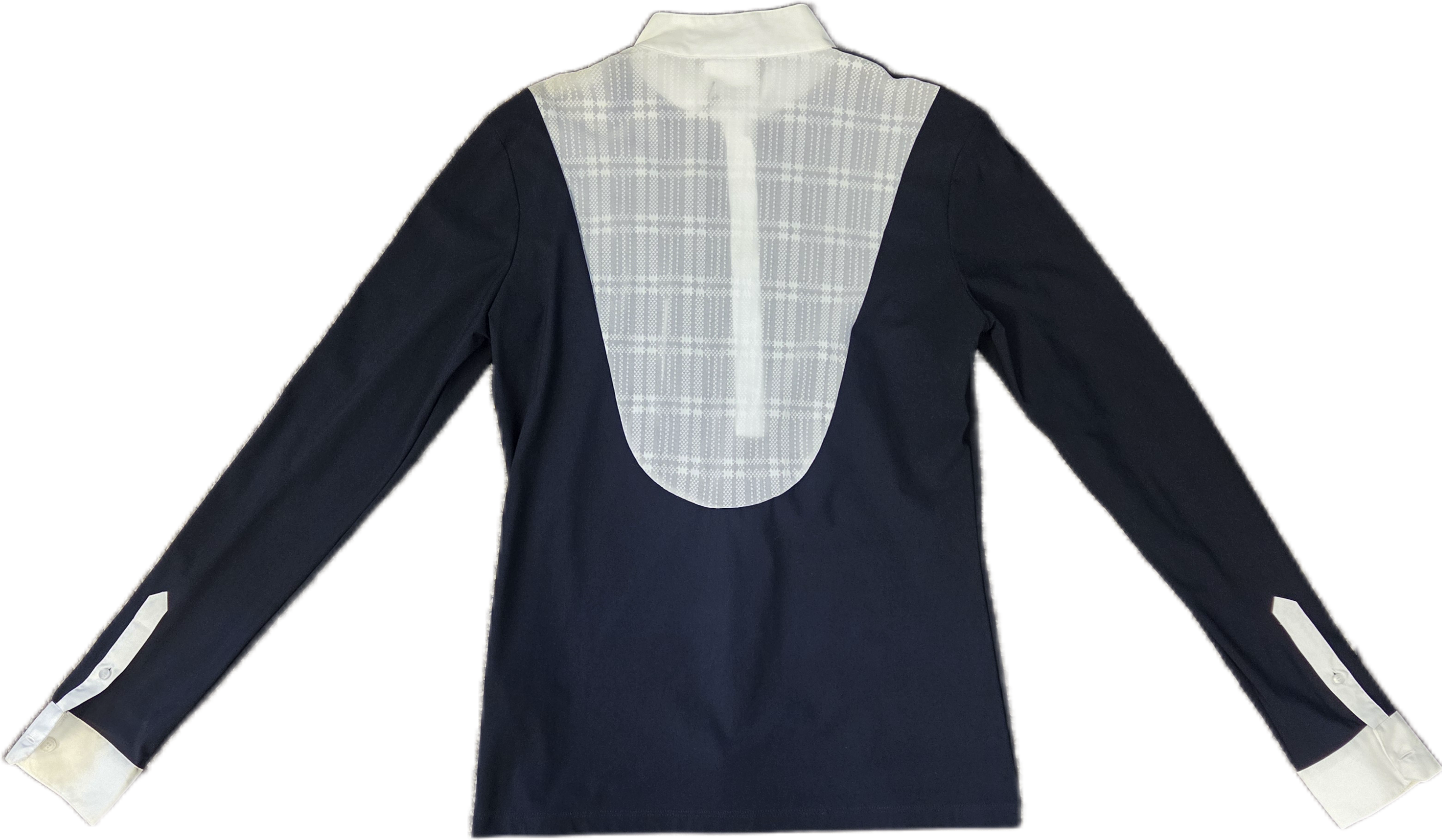 Long sleeve black show shirt with white collar and cuffs and white lace back panel shown flat