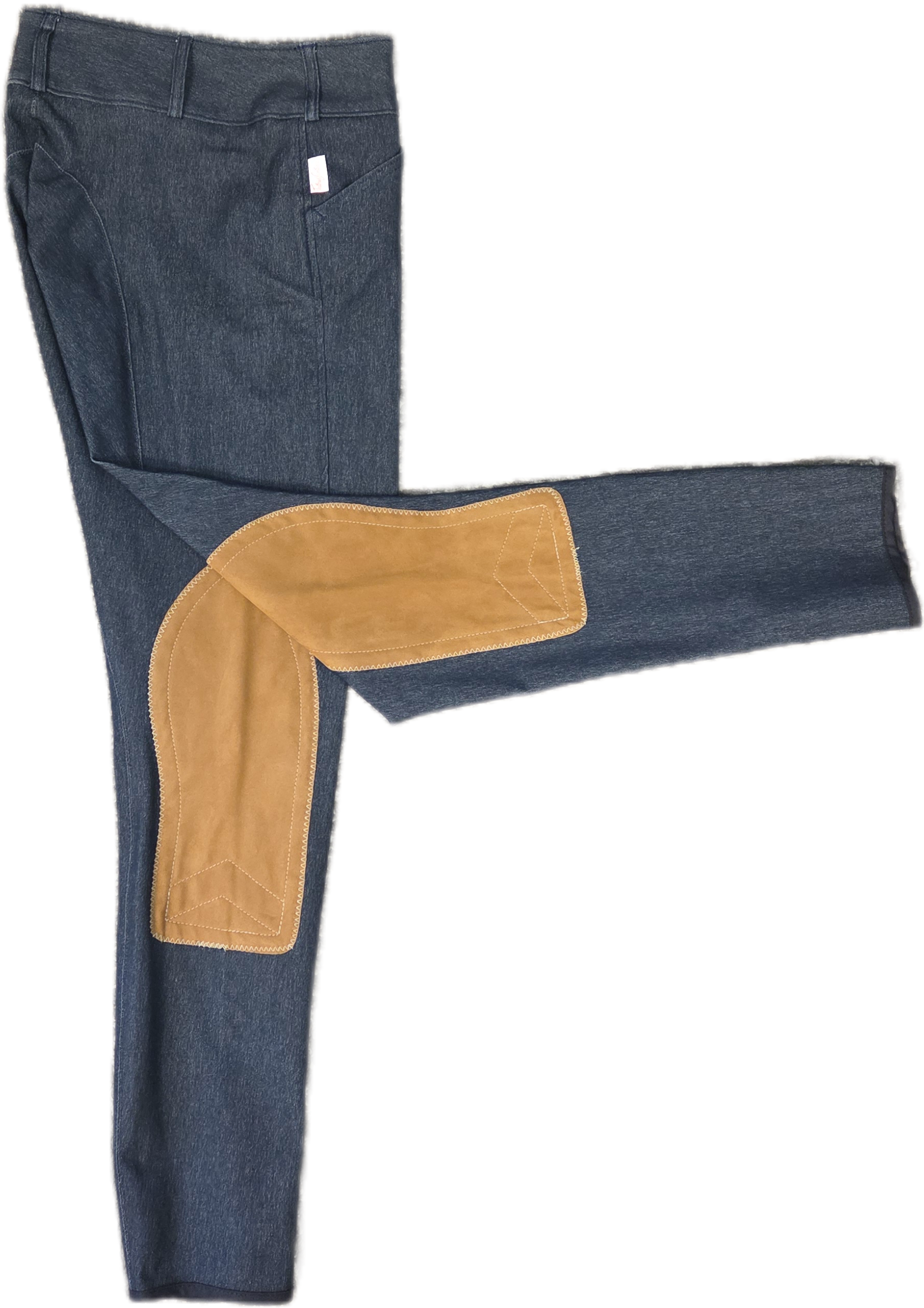 Denim breech with natural suede knee patch shown folded flat