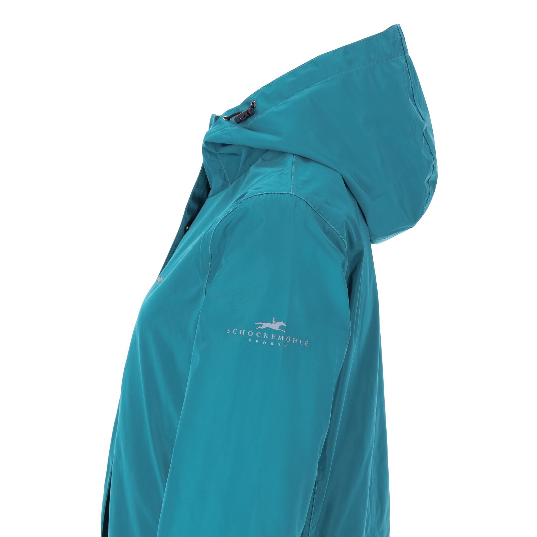 Close-up side view of the Colonial Blue Schockemohle Kaija Raincoat on a white background