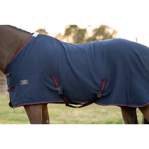 Side view of a horse wearing the Navy TuffRider Waffle Weave Cotton Stable Sheet while standing outside