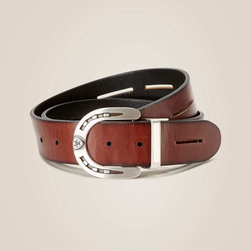 Front view of the brown side of a rolled up Ariat Regal Reversible Belt on a plain background