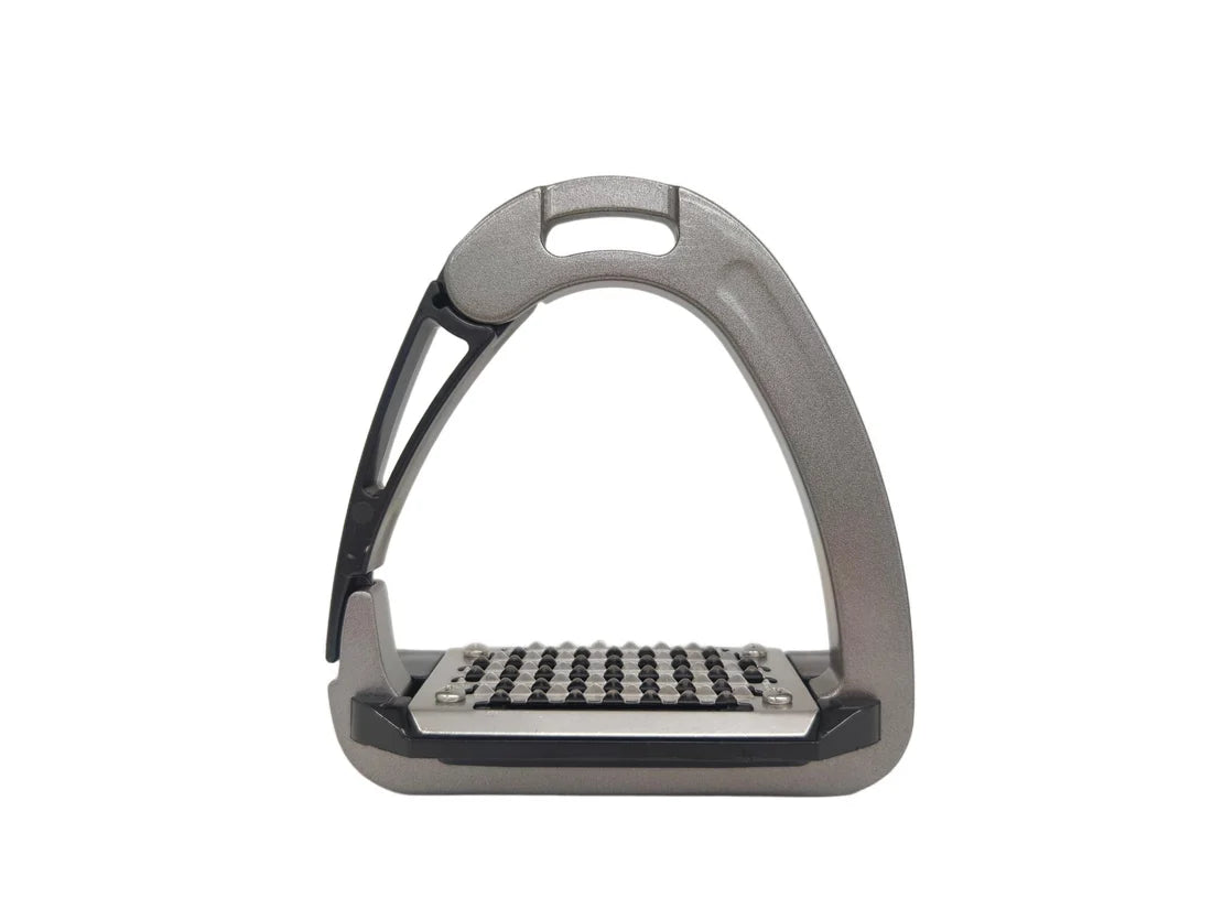 View of a silver TuffRider Children Tech Safety Stirrup on a plain background