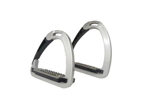 View of a pair of TuffRider Children Tech Safety Stirrups on a plain background