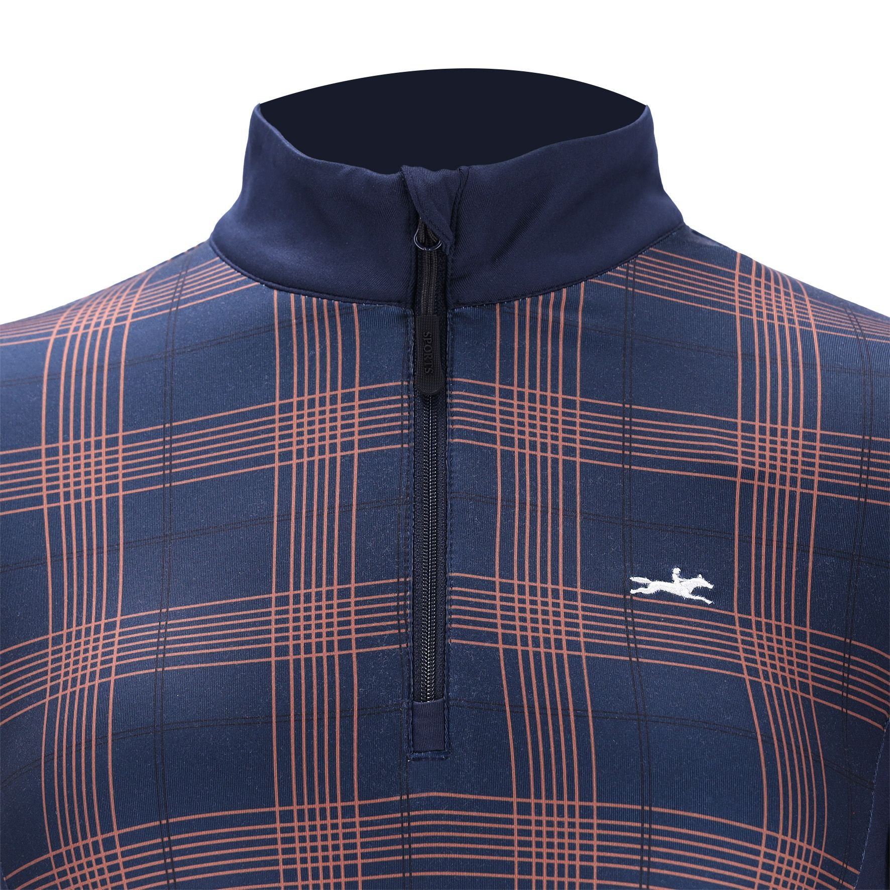 Close-up front view of the Navy Check Schockemohle Xandra Long Sleeve Training Shirt on a white background