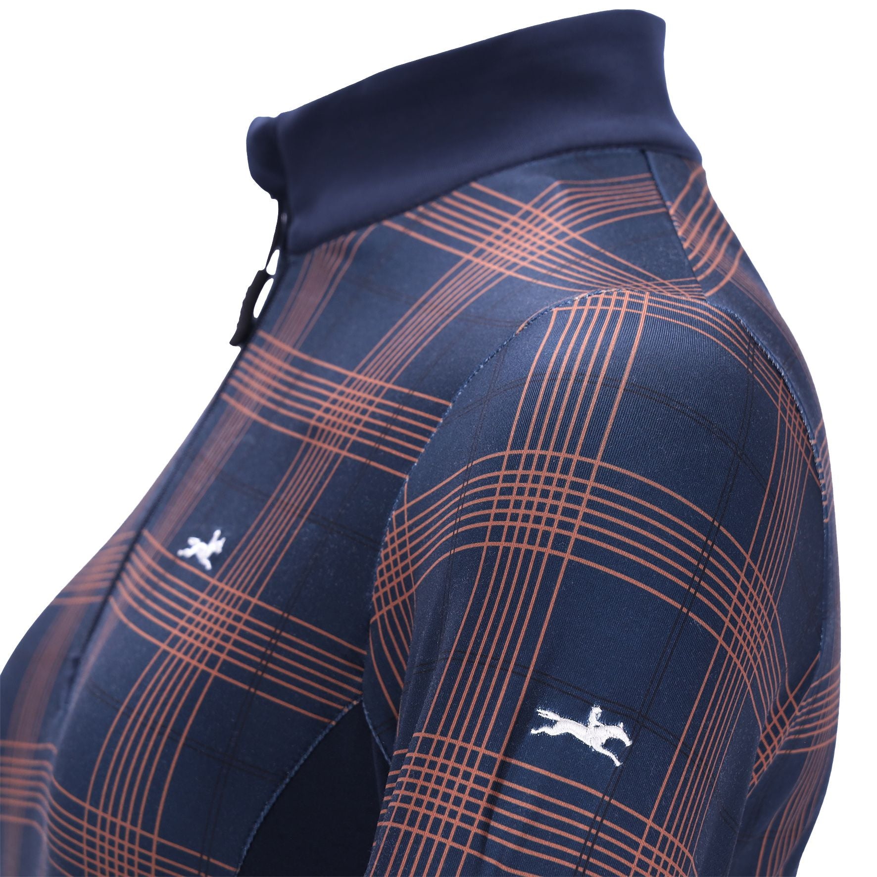 Close-up side view of the Navy Check Schockemohle Xandra Long Sleeve Training Shirt on a white background