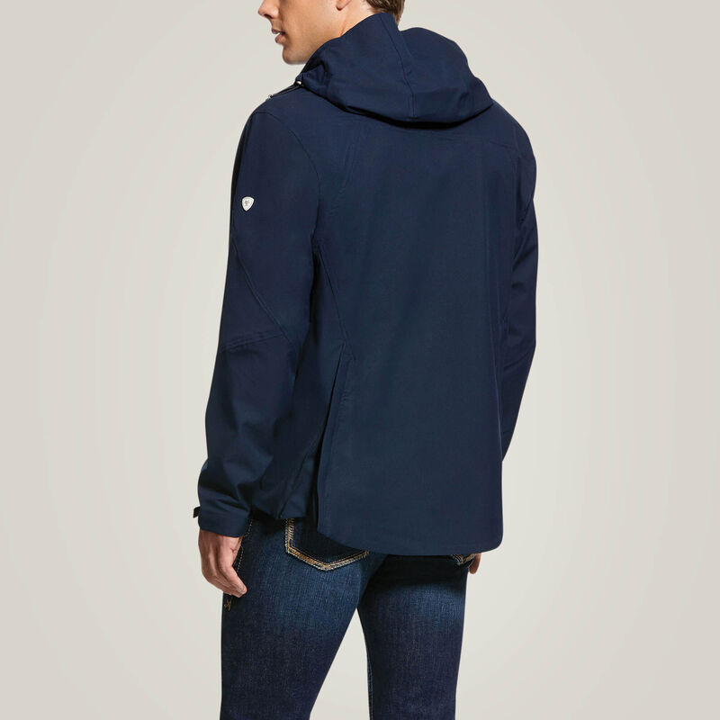 Back view of a male model wearing the Navy Ariat Men's Coastal Waterproof Jacket on a plain background