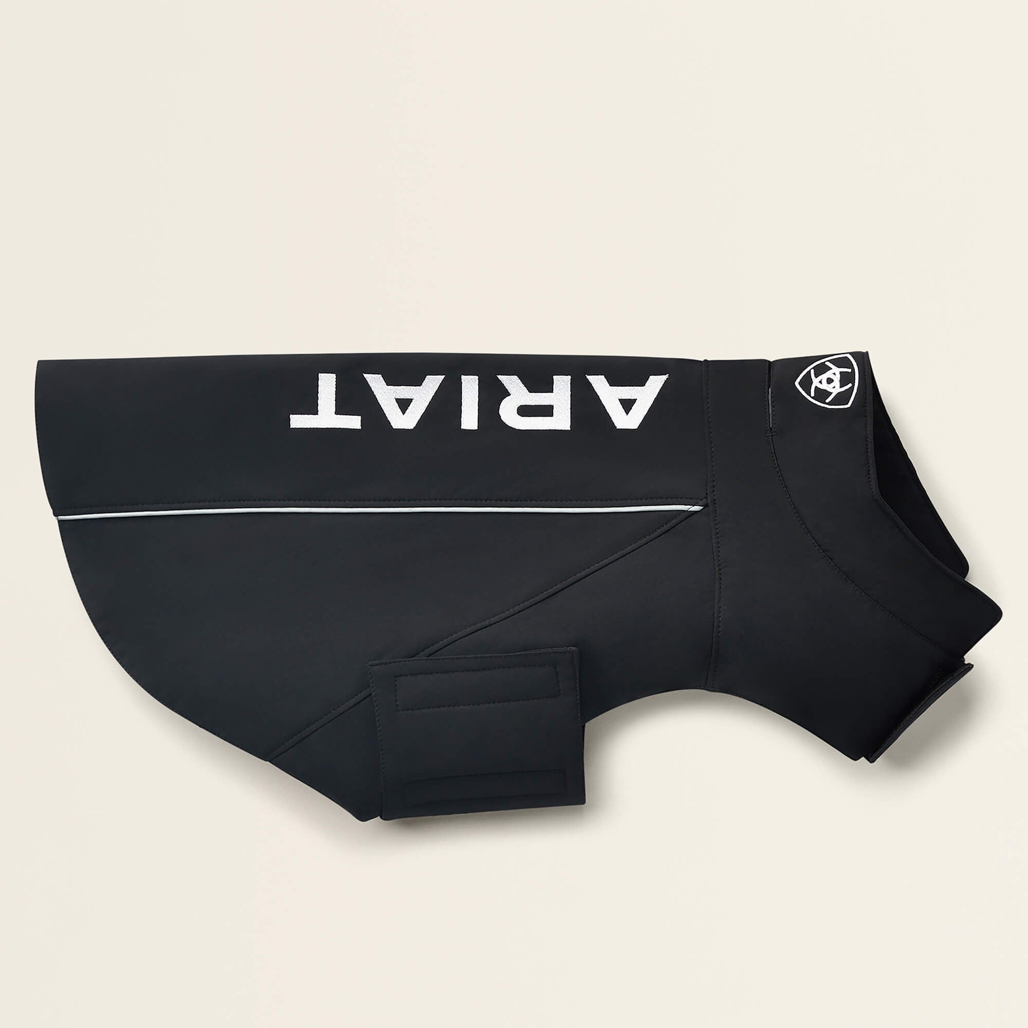 Side view of the Black Ariat Team Softshell Dog Jacket on a plain background