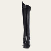 Tall black leather boot with laces shown on plain cream background