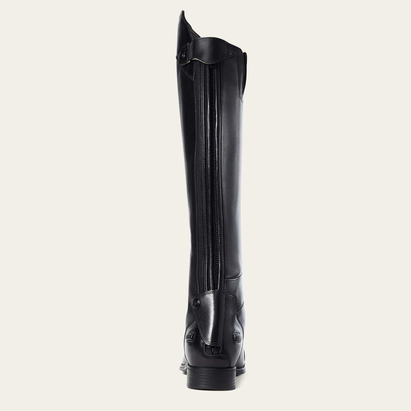 Tall black leather boot with laces shown on plain cream background