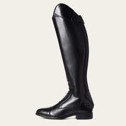 Tall black leather boot with laces shown on plain cream background