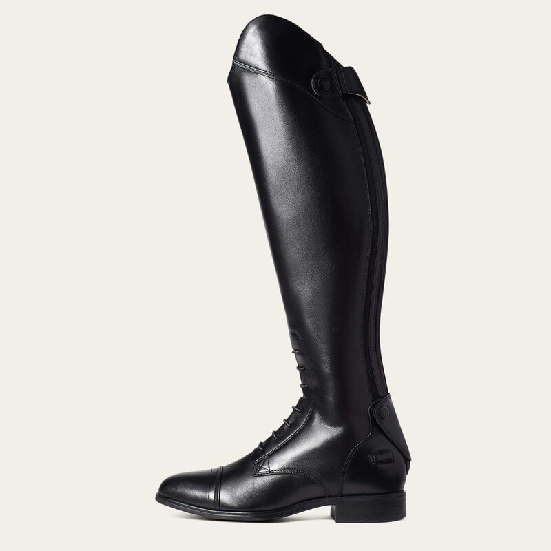 Tall black leather boot with laces shown on plain cream background