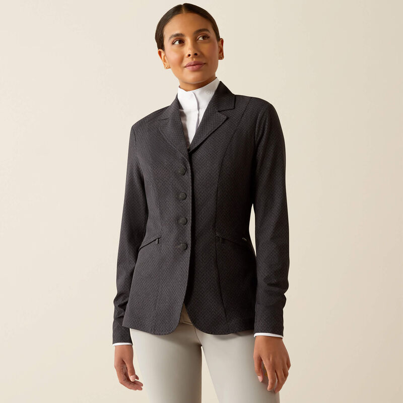 Grey herringbone print show coat with 4 black buttons shown on model