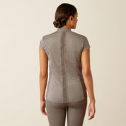 Back view of a model wearing the plum grey Ariat Breathe 1/2 Zip Baselayer on a plain background