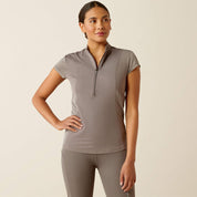 Front view of a model wearing the plum grey Ariat Breathe 1/2 Zip Baselayer on a plain background